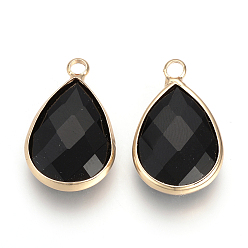 Black Glass Pendants, with Brass Findings, Faceted, Drop, Light Gold, Black, 14x7.5x4mm, Hole: 1.8~2.3mm