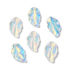 Alice Blue Dyed & Heated Glass Pendants, AB Color, Feather Leaf, Alice Blue, 28x17x3.5mm, Hole: 1.2mm