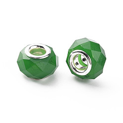 Green Resin European Beads, Large Hole Beads, with Silver Tone Brass Double Cores, Faceted, Rondelle, Green, 14x9mm, Hole: 5mm