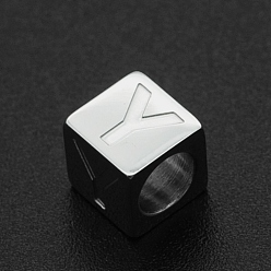 Letter Y 201 Stainless Steel European Beads, Large Hole Beads, Horizontal Hole, Cube, Stainless Steel Color, Letter.Y, 7x7x7mm, Hole: 5mm