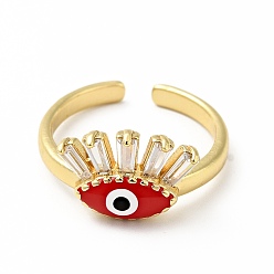 Red Enamel Horse Eye Open Cuff Ring with Clear Cubic Zirconia, Gold Plated Brass Jewelry for Wome, Lead Free & Cadmium Free, Red, US Size 6 1/2(16.9mm)