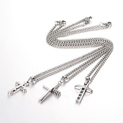 Stainless Steel Color 304 Stainless Steel Rolo Chain Cross Pendant Necklaces, with Lobster Claw Clasps, Stainless Steel Color, 15.7 inch(40cm)