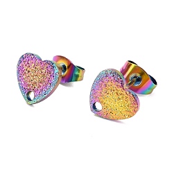 Rainbow Color Revestimiento iónico (ip) 304 fornituras de aretes de acero inoxidable, con las tuercas de oreja, corazón con textura, color del arco iris, 12x9 mm, agujero: 1.4 mm, pin: 0.7 mm