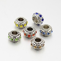 Mixed Color Antique Silver Plated Alloy Rhinestone Beads, Large Hole Rondelle Beads, Mixed Color, 11x6.5mm, Hole: 5mm