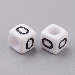 Letter O Acrylic Horizontal Hole Letter Beads, Cube, White, Letter O, Size: about 6mm wide, 6mm long, 6mm high, hole: about 3.2mm, about 2600pcs/500g