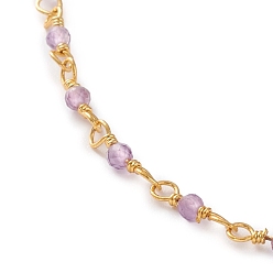 Amethyst Faceted Round Natural Amethyst Beaded Necklaces, with Brass Lobster Claw Clasps, Golden, 16-1/8 inch(41cm)
