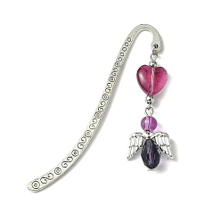Purple Glass Bead Heart Angel Bookmarks, Tibetan Style Alloy Hook Bookmarks, Purple, 83x15mm