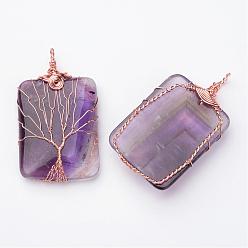Amethyst Natural Amethyst Big Pendants, with Rose Gold Tone Brass Findings, Rectangle with Tree of Life, 52.5x30x8.5mm, Hole: 4.5mm