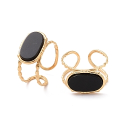Black Agate Natural Black Agate Oval Open Cuff Ring, Real 24K Gold Plated 304 Stainless Steel Jewelry for Women, US Size 7 3/4(17.9mm)