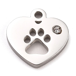 Stainless Steel Color 304 Stainless Steel Charms, Manual Polishing, with Crystal Rhinestone, Heart with Dog Paw Printed, Stainless Steel Color, 12x12x1.2mm, Hole:1.8mm