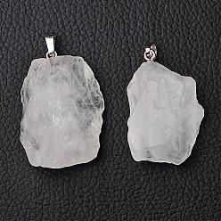 Cristal de Quartz Pendeloques de cristal de quartz naturel, pendentifs en cristal de roche, nuggets, avec les accessoires en laiton, platine, 26~42x20~26x14~22mm, Trou: 5x8mm