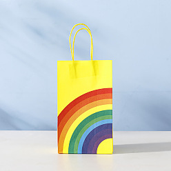 Jaune Sacs en papier kraft à motif arc-en-ciel, avec une poignée, sacs-cadeaux, sacs à provisions, rectangle, jaune, 13x8x22 cm