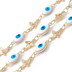 Deep Sky Blue Handmade Eco-friendly Brass Enamel Horse Eye & Butterfly Link Chain, with Cubic Zirconia, Real 18K Gold Plated, Lead Free & Cadmium Free, Soldered, with Spool, Deep Sky Blue, 13x5x4mm, 10.5x6.5x1mm