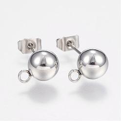 Stainless Steel Color 201 Stainless Steel Ball Stud Earring Post, Earring Findings, with Loop and 304 Stainless Steel Pins, Round, Stainless Steel Color, 7mm, Hole: 1.5mm, pin: 0.8mm