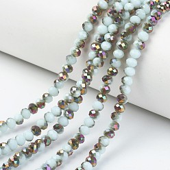Light Cyan Electroplate Opaque Glass Beads Strands, Half Rose Gold Plated, Faceted, Rondelle, Light Cyan, 4x3mm, Hole: 0.4mm, about 123~127pcs/strand, 16.5~16.9 inch(42~43cm)