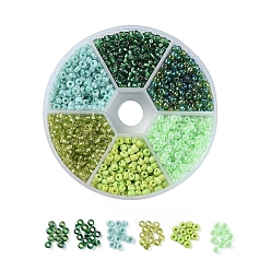 Verde 6 colores 8/0 cuentas de semillas de vidrio, trans. colores arcoíris y plateado y ceilán y plateado y colores opacos, rondo, verde, 8/0, 3 mm, agujero: 1 mm, 60 g / caja, aproximadamente 1330 piezas / caja
