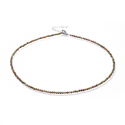 Unakite Colliers de perles naturelles unakite, avec 304 pinces de homard en acier inoxydable et chaînes d'extension en laiton, facette, 15.8 pouce (40.2 cm)