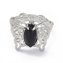Obsidienne Bague ajustable papillon en obsidienne naturelle, bijoux en laiton platine pour femme, sans cadmium et sans plomb, taille us 8 1/2 (18.5 mm)