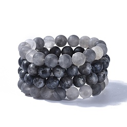 Pierre Mélangete Perles de pierres précieuses naturelles s'étendent bracelets, avec quartz nuageux naturel givré et larvikite naturelle, boite d'emballage, 2 pouce (5.1~5.2 cm), 4 pcs / boîte