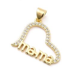 Real 18K Gold Plated Rack Plating Brass Micro Pave Cubic Zirconia Pendants, Heart with Word mama Charm for Mother's Day, Long-Lasting Plated, Cadmium Free & Lead Free, Real 18K Gold Plated, 22x17.5x1.5mm, Hole: 3x4mm