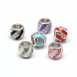Mixed Color Platinum Plated Alloy Enamel Rhinestone European Beads, Large Hole Drum Beads, Mixed Color, 10x8mm, Hole: 5mm