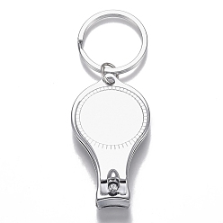 Platinum Iron Nail Clippers and Bottle Opener, with Flat Round Cabochon Settings, Iron Split Key Rings, Platinum, Tray: 25.5mm, 91mm, clippers: 59x32.6x14.5mm, Ring: 32x2.4mm