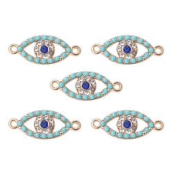 Golden Alloy Connector Charms with Capri Blue Rhinestone and Synthetic Turquoise, Eye Links, Nickel, Golden, 24x10x3mm, Hole: 1.5mm