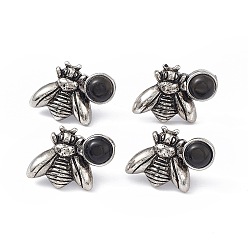 Agate Noire Boucles d'oreilles clous d'abeille en agate noire naturelle, Boucles d'oreilles anciennes en alliage d'argent avec épingles en laiton pour femmes, 15.5x20.5mm, pin: 0.8 mm