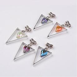 Mixed Color Alloy Pendants, with Glass Heart, Triangle, Mixed Color, 48.5mm, Hole: 3mm, Pendant: 25x39x3.8mm