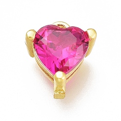 Fuchsia Brass Micro Pave Cubic Zirconia Charms, Long-Lasting Plated, Heart, Golden, Fuchsia, 7x6.5x4mm, Hole: 0.8mm