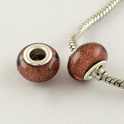 Brun Saddle  Perles européennes en résine de grand trou, avec couleur argent plaqué doubles noyaux de cuivre, rondelle, selle marron, 14x9mm, Trou: 5mm