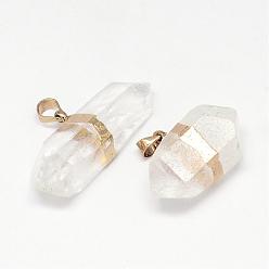 Doré  Pendentifs pointus à double extrémité en cristal de quartz naturel, cristal de roche, balle, avec les accessoires en laiton, or, 18~34x8~14x10~11mm, Trou: 5x8mm