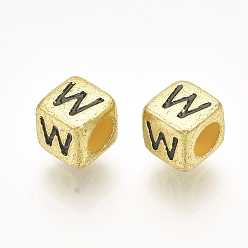 Letter W Acrylic Beads, Horizontal Hole, Metallic Plated, Cube with Letter.W, 6x6x6mm, 2600pcs/500g
