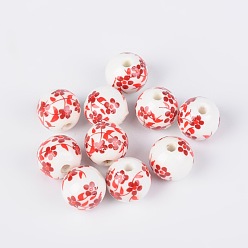 Rouge Perles de porcelaine imprimés faits à la main, ronde, rouge, 12mm, Trou: 3mm