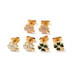 Mixed Color Enamel Clover with Crystal Rhinestone Stud Earrings with 316 Surgical Stainless Steel Pins, Gold Plated 304 Stainless Steel Jewelry for Women, Mixed Color, 8.5x7mm, Pin: 0.8mm