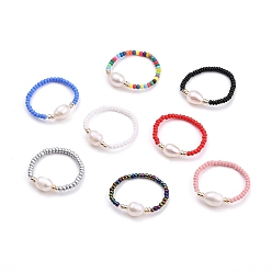 Mixed Color Natural Pearl Beaded Stretch Rings, with FGB Glass Seed Beads, Mixed Color, US Size 10 1/2, Inner Diameter: 20mm