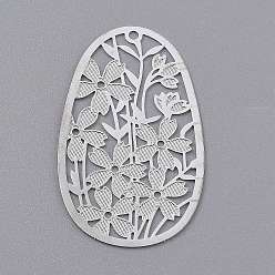 Silver Brass Pendants, Etched Metal Embellishments, Hollow Out Oval with Flower, Silver, 40x24x0.2mm, Hole: 1.6mm
