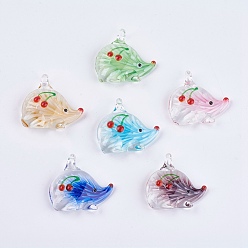 Mixed Color Handmade Lampwork Big Pendants, Large Hole Pendants, Hedgehog with Cherry, Mixed Color, 40~41x43~44x11~12mm, Hole: 5~6mm