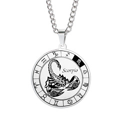 Scorpio Unisex 201 Stainless Steel Constellation Pendant Necklaces, with Curb Chains, Laser Engraved Pattern, Flat Round, Scorpio, 13.19 inch(335mm) 