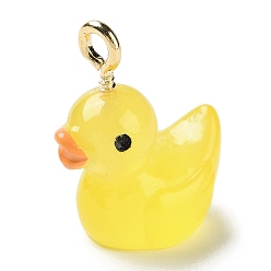Yellow Luminous Opaque Resin Cartoon Pendants, Duck Charms with Platinum Tone Iron Loops, Glow in the Dark, Yellow, 21.5x17x11.5mm, Hole: 2.3mm