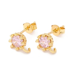 Pink Rack Plating Brass Cubic Zirconia Stud Earrings Findings, Real 18K Gold Plated, with Hook, Cadmium Free & Lead Free, Crown, Pink, 9x7mm, Hole: 1.6mm, Pin: 1mm