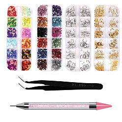 Mixed Color Manicure Tools Kits, with Horse Eye Sequins & Nail Art Rhinestone & Stud Rivets, Stainless Steel Tweezers and Point Drill Removal Drill Pen, Mixed Color
