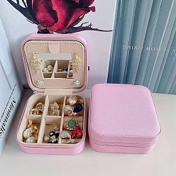 Pearl Pink Sqaure PU Leather Jewelry Box, with Mirror, Travel Portable Jewelry Case, Zipper Storage Boxes, for Necklaces, Rings, Earrings and Pendants, Pearl Pink, 10x10x5cm