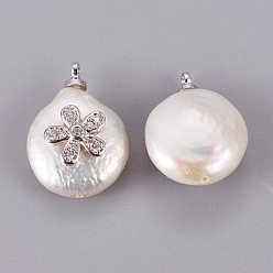 Silver Natural Cultured Freshwater Pearl Pendants, with Brass Cubic Zirconia Cabochons, Long-Lasting Plated, Nuggets with Flower, Real Platinum Plated, Clear, 17~20x13~15x7~8.5mm, Hole: 1.4~1.5mm