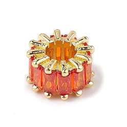 Orange Red Rack Plating Brass Micro Pave Cubic Zirconia Beads, Cadmium Free & Lead Free, Long-Lasting Plated, Real 18K Gold Plated, Column, Orange Red, 9x6mm, Hole: 4mm