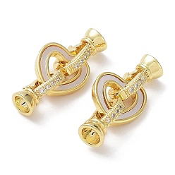 Real 18K Gold Plated Rack Plating Brass Micro Pave Clear Cubic Zirconia Fold Over Heart Clasps, with Natural Shell, Cadmium Free & Lead Free, Long-Lasting Plated, Real 18K Gold Plated, 30mm