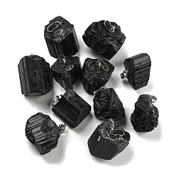 Turmalina Colgantes naturales de turmalina negro, amuletos de pepitas con acero inoxidable chapado en color 201 ganchos a presión de acero inoxidable, 15~30x11~12x9.5~12 mm, agujero: 3.5x7.5 mm