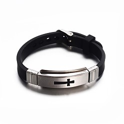 Stainless Steel Color Jewelry Black Color Rubber Cord Bracelets, with 304 Stainless Steel Findings and Watch Band Clasps, Rectangle with Cross, Stainless Steel Color, 215x10mm