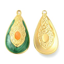 Green Enamel Pendants, with 304 Stainless Steel Finding and Arcylic Cabochons, Real 18K Gold Plated, Teardrop Charm, Green, 34.5x18x6mm, Hole: 2mm