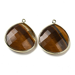 Tiger Eye Natural Tiger Eye Pendants, with Golden Brass Edge, Faceted, Undyed, Teardrop, 28x25x6mm, Hole: 1.6mm